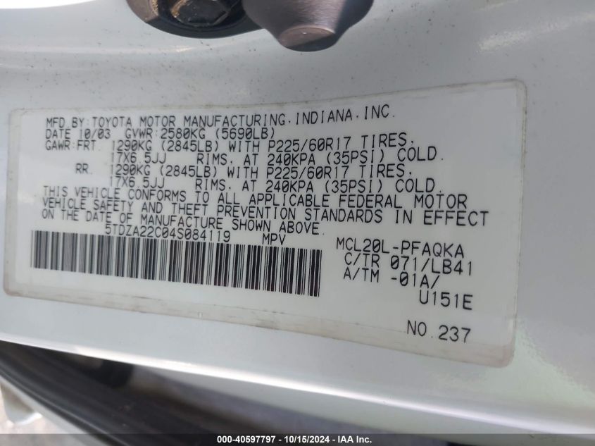 2004 Toyota Sienna Xle Limited VIN: 5TDZA22C04S084119 Lot: 40597797