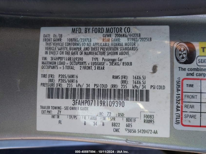 3FAHP07119R109390 2009 Ford Fusion Se