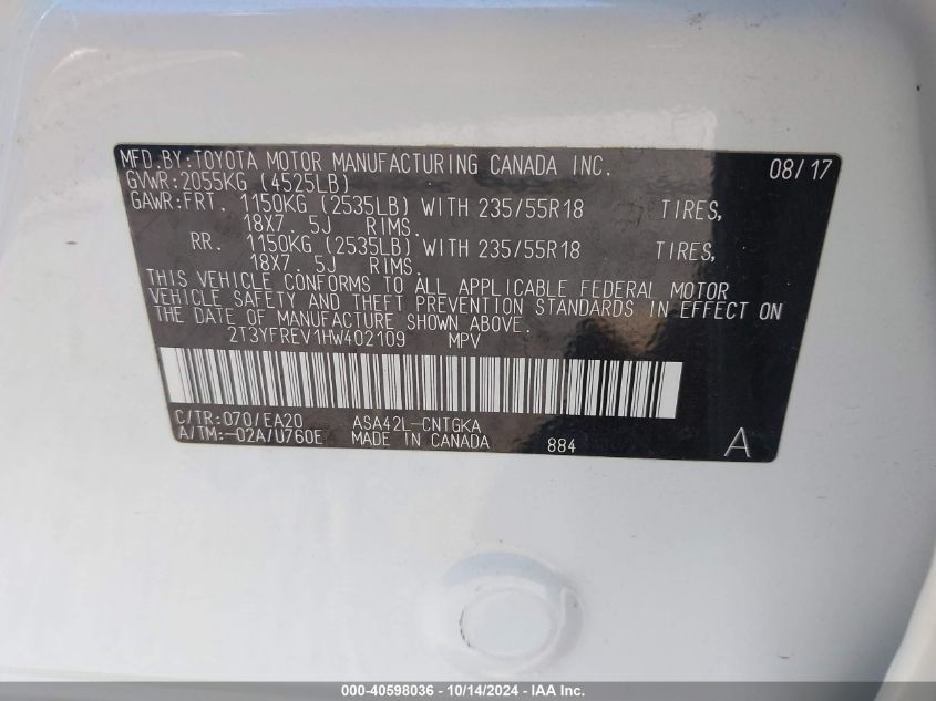 2017 Toyota Rav4 Limited VIN: 2T3YFREV1HW402109 Lot: 40598036