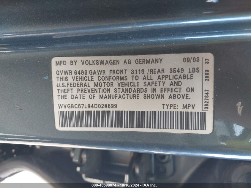 2004 Volkswagen Touareg V6 VIN: WVGBC67L94D028599 Lot: 40598074