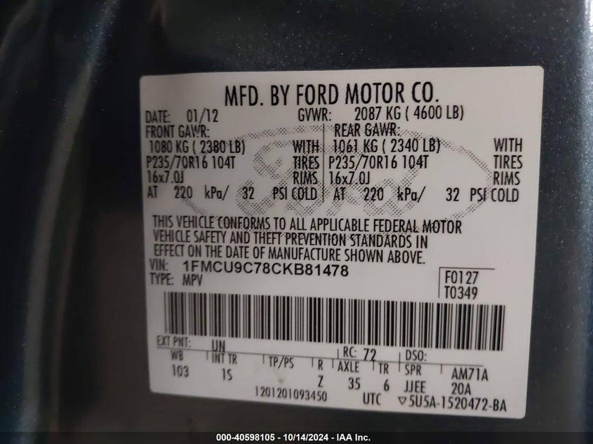 2012 Ford Escape Xls VIN: 1FMCU9C78CKB81478 Lot: 40598105