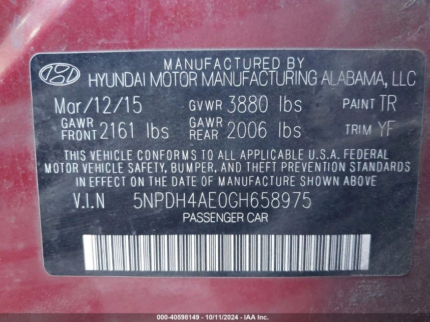 5NPDH4AE0GH658975 2016 Hyundai Elantra Se