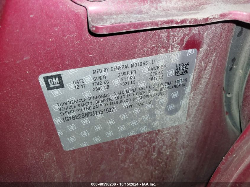 2018 Chevrolet Cruze Lt Auto VIN: 1G1BE5SM8J7151922 Lot: 40598238