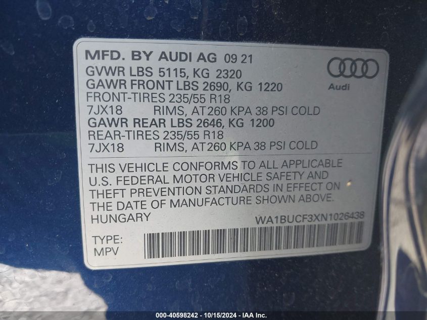 2022 Audi Q3 Premium Plus 40 Tfsi Quattro Tiptronic VIN: WA1BUCF3XN1026438 Lot: 40598242