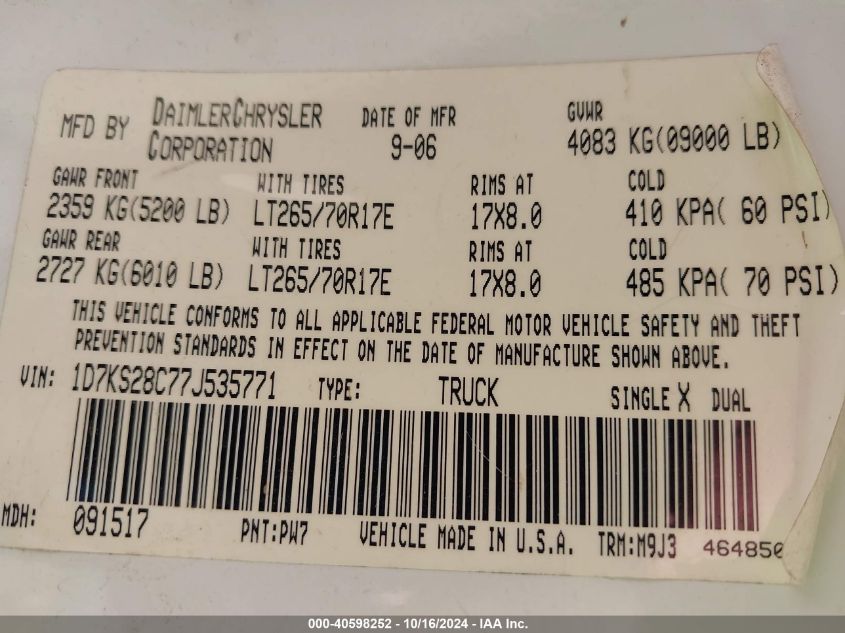 2007 Dodge Ram 2500 Slt/Trx4 Off Road/Sport/Power Wagon VIN: 1D7KS28C77J535771 Lot: 40598252
