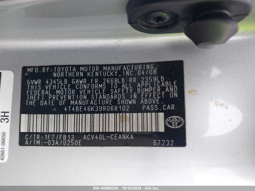 2009 Toyota Camry VIN: 4T4BE46K39R068102 Lot: 40598255