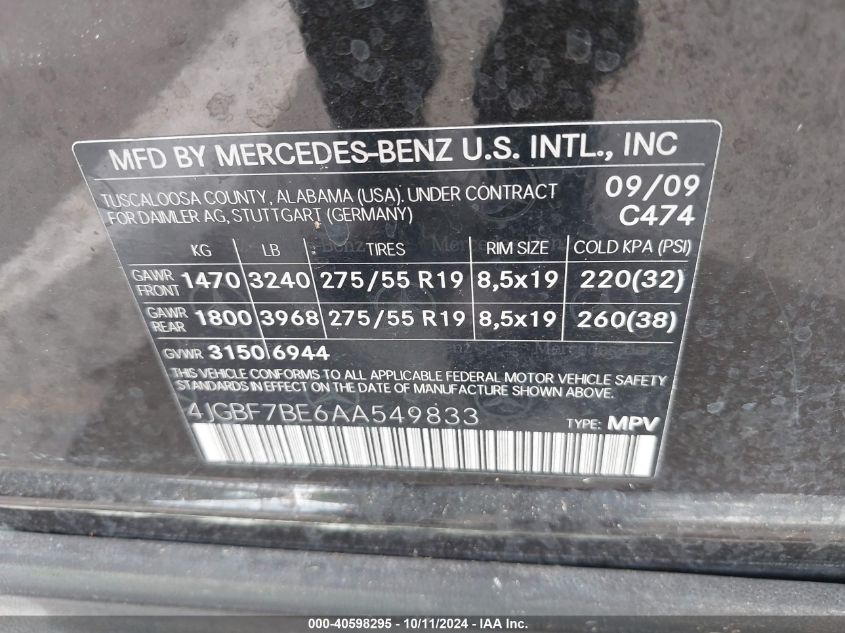 2010 Mercedes-Benz Gl 450 4Matic VIN: 4JGBF7BE6AA549833 Lot: 40598295