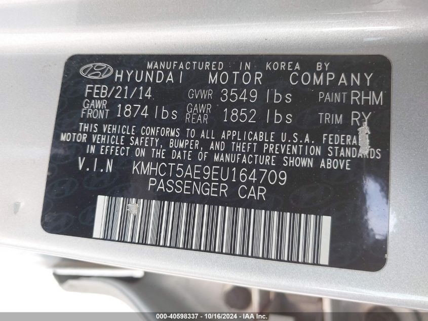 2014 Hyundai Accent Gs VIN: KMHCT5AE9EU164709 Lot: 40598337