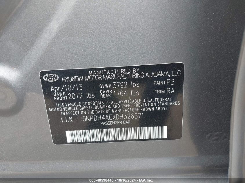 2013 Hyundai Elantra Gls VIN: 5NPDH4AEXDH326571 Lot: 40598440