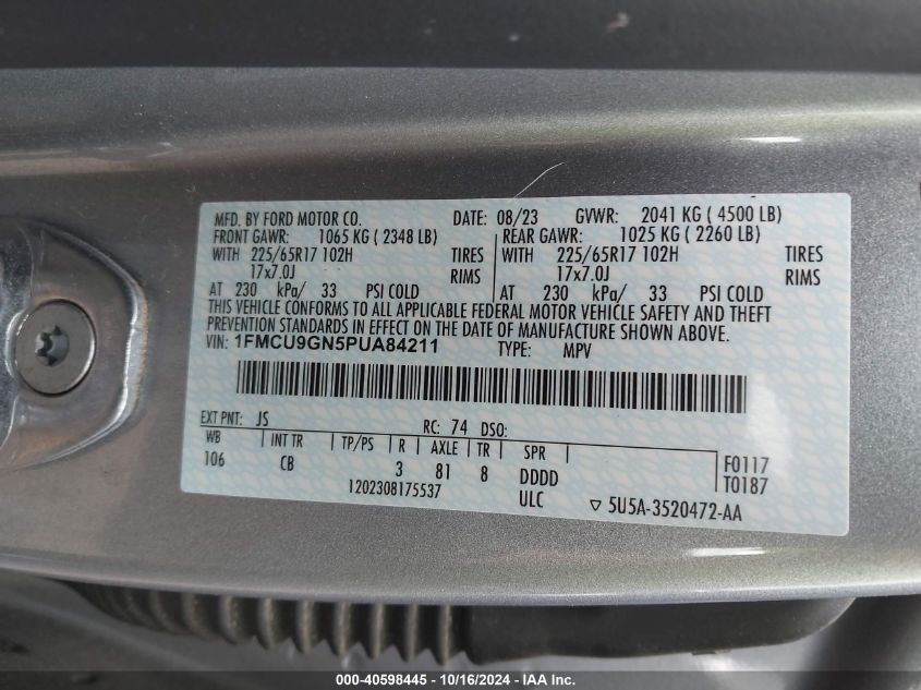 2023 Ford Escape Active VIN: 1FMCU9GN5PUA84211 Lot: 40598445