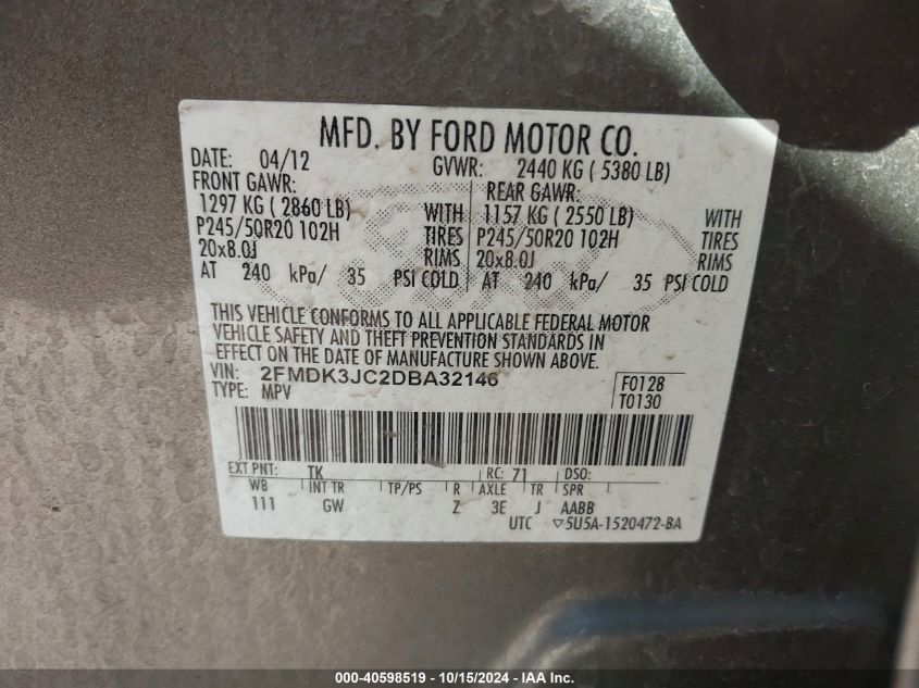 2013 Ford Edge Sel VIN: 2FMDK3JC2DBA32146 Lot: 40598519