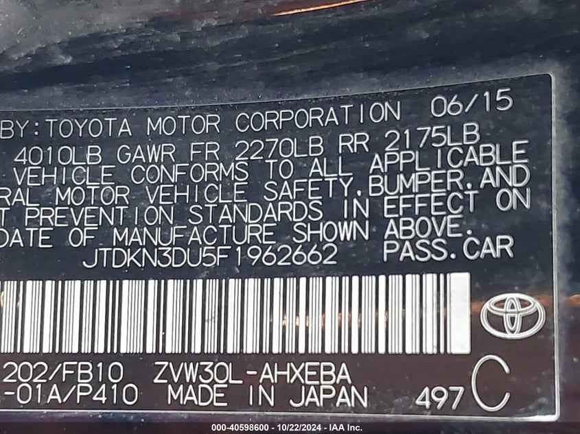 2015 TOYOTA PRIUS VIN: JTDKN3DU5F1962662