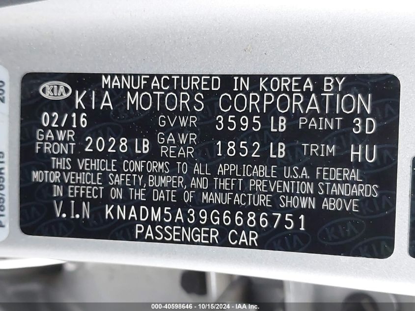 2016 Kia Rio Lx VIN: KNADM5A39G6686751 Lot: 40598646