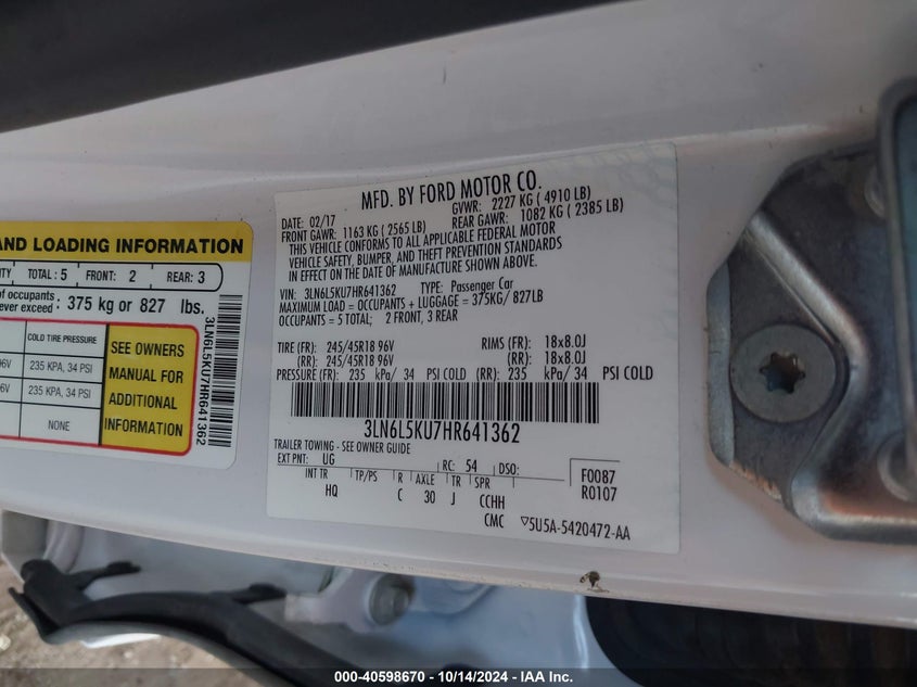 2017 LINCOLN MKZ HYBRID VIN: 3LN6L5KU7HR641362