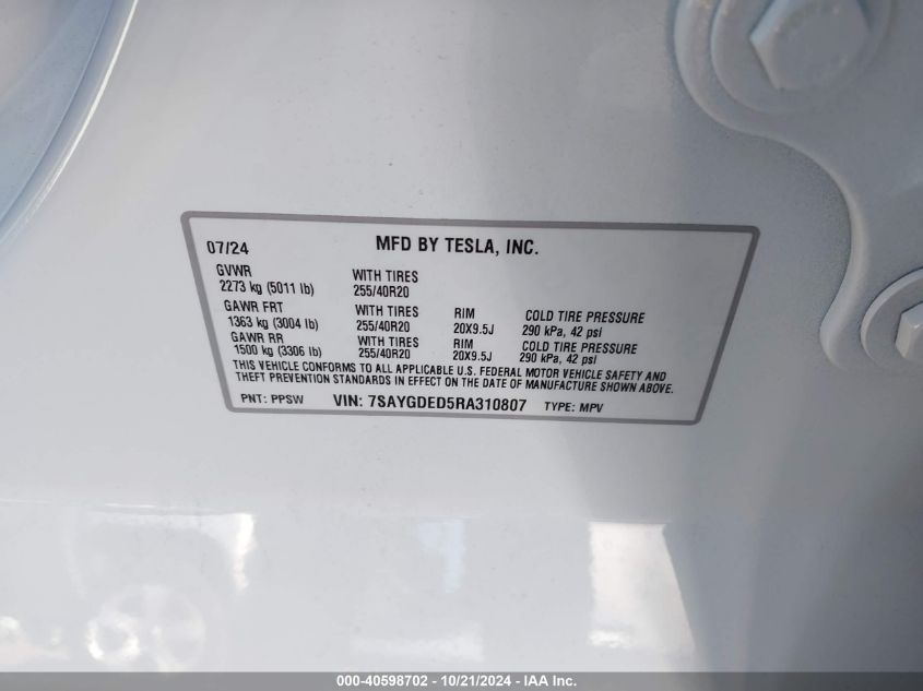 2024 Tesla Model Y Long Range Dual Motor All-Wheel Drive/Rwd VIN: 7SAYGDED5RA310807 Lot: 40598702