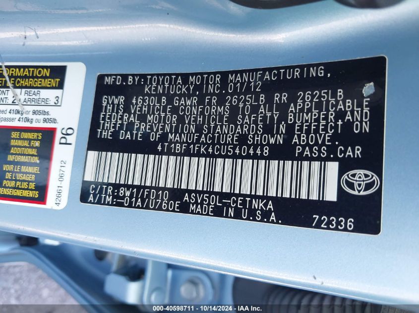 2012 Toyota Camry Le VIN: 4T1BF1FK4CU540448 Lot: 40598711