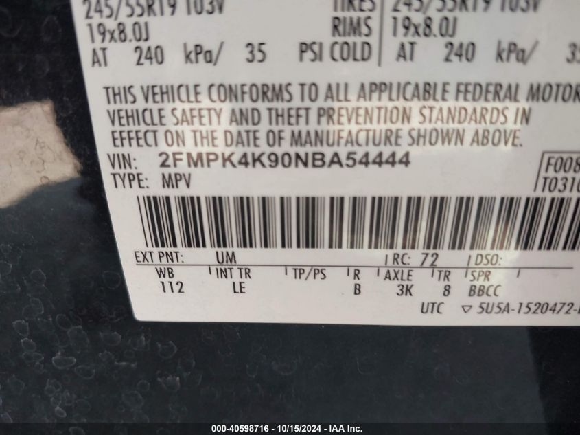 2022 Ford Edge Titanium VIN: 2FMPK4K90NBA54444 Lot: 40598716