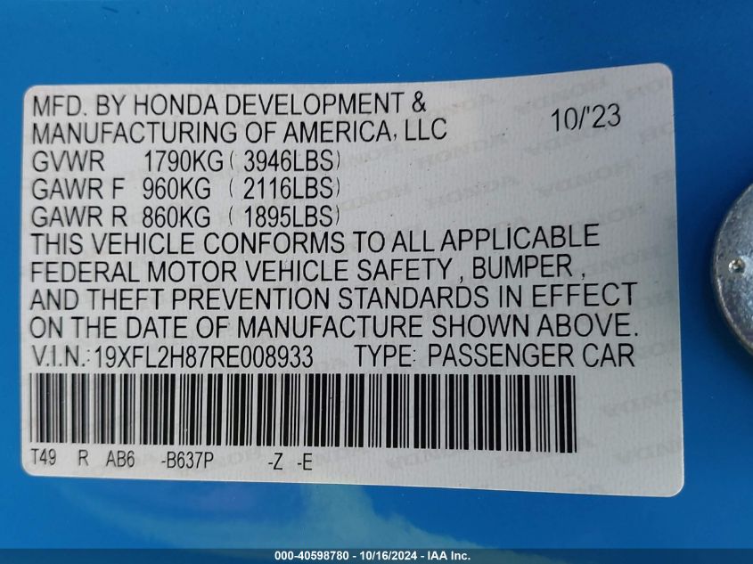 2024 Honda Civic Sport VIN: 19XFL2H87RE008933 Lot: 40598780