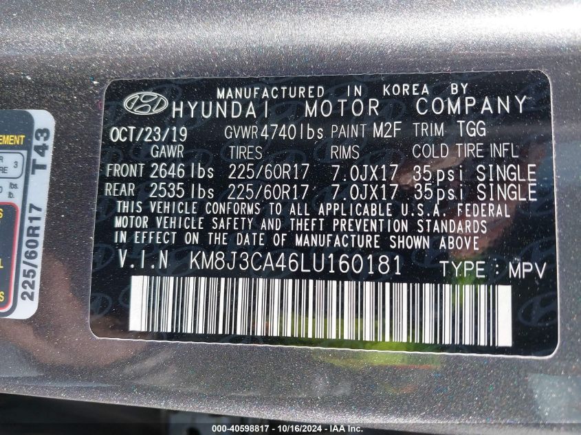 VIN KM8J3CA46LU160181 2020 HYUNDAI TUCSON VALUE