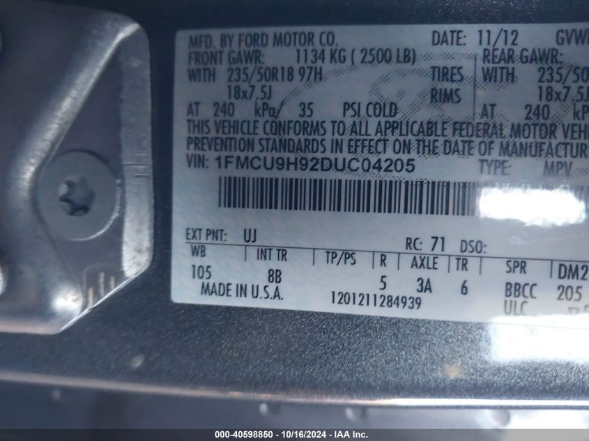 2013 Ford Escape Sel VIN: 1FMCU9H92DUC04205 Lot: 40598850