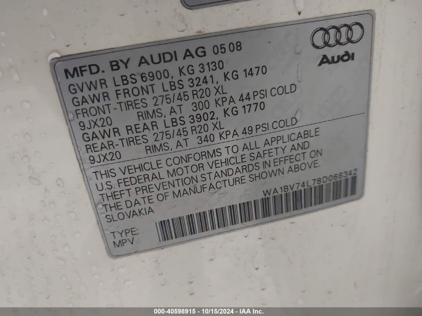 2008 Audi Q7 4.2 Premium VIN: WA1BV74L78D066342 Lot: 40598915