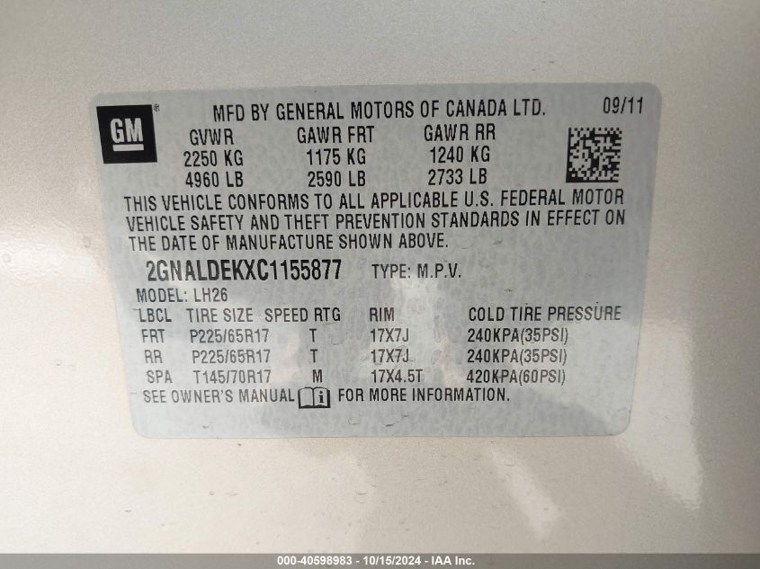 2012 Chevrolet Equinox 1Lt VIN: 2GNALDEKXC1155877 Lot: 40598983