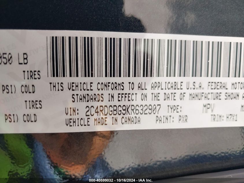 2019 Dodge Grand Caravan Se VIN: 2C4RDGBG9KR632907 Lot: 40599032