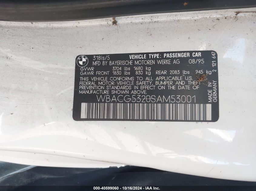 1995 BMW 318 Ti VIN: WBACG5320SAM53001 Lot: 40599060