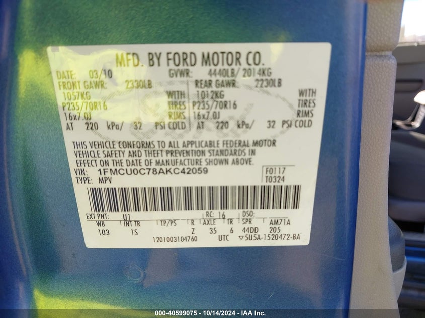 2010 Ford Escape Xls VIN: 1FMCU0C78AKC42059 Lot: 40599075