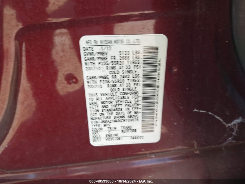 2012 Nissan Murano Le VIN: JN8AZ1MUXCW109679 Lot: 40599080