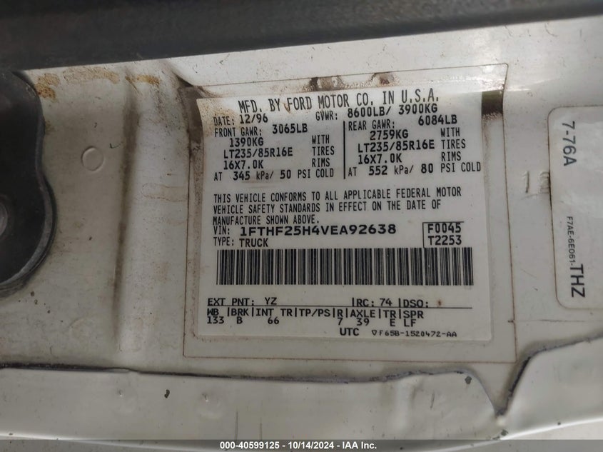 1997 Ford F250 VIN: 1FTHF25H4VEA92638 Lot: 40599125
