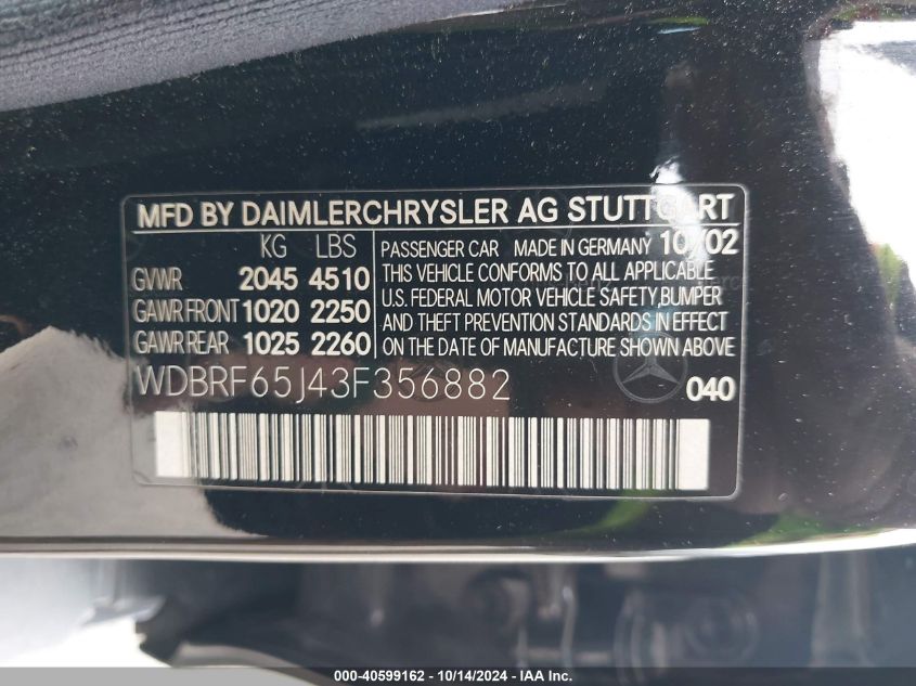 2003 Mercedes-Benz C 32 Amg VIN: WDBRF65J43F356882 Lot: 40599162