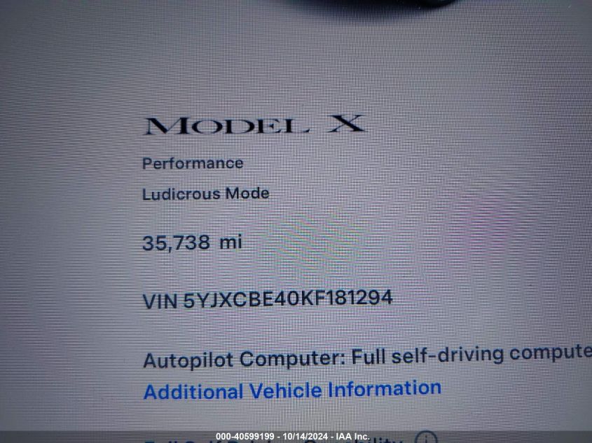 2019 Tesla Model X P100D/Performance VIN: 5YJXCBE40KF181294 Lot: 40599199