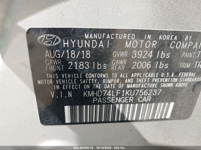 2019 Hyundai Elantra Se VIN: KMHD74LF1KU756237 Lot: 40599216