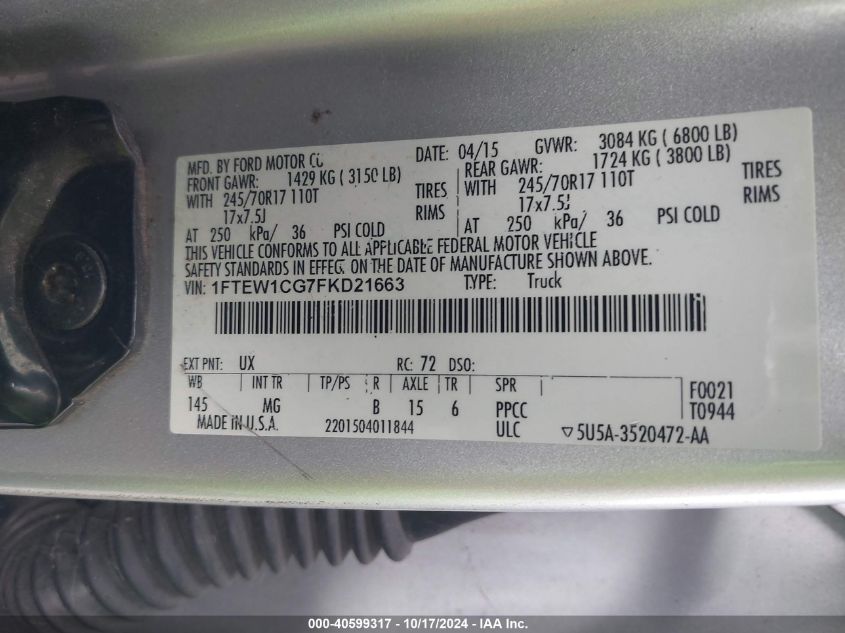2015 Ford F-150 King Ranch/Lariat/Platinum/Xl/Xlt VIN: 1FTEW1CG7FKD21663 Lot: 40599317