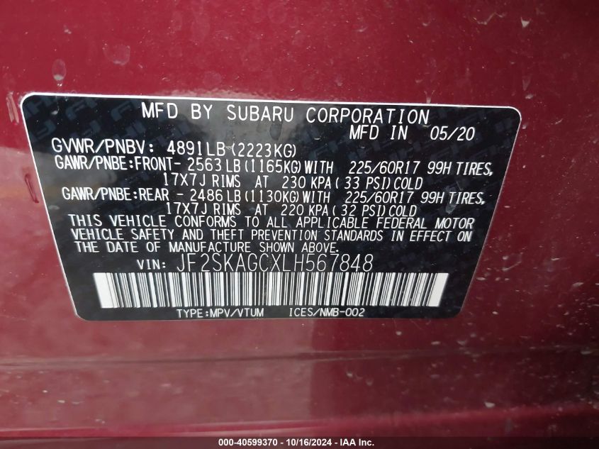 2020 Subaru Forester Premium VIN: JF2SKAGCXLH567848 Lot: 40599370