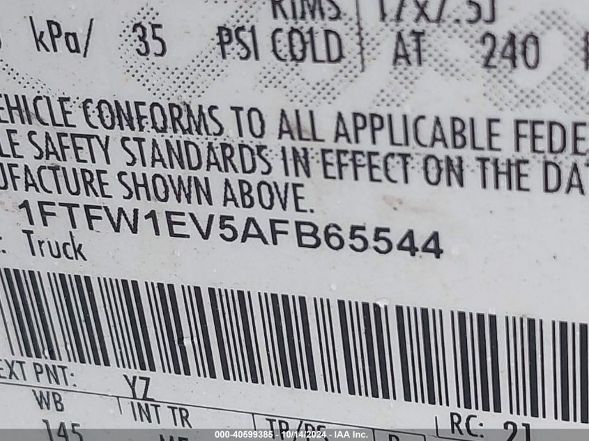 2010 Ford F-150 Fx4/Harley-Davidson/King Ranch/Lariat/Platinum/Xl/Xlt VIN: 1FTFW1EV5AFB65544 Lot: 40599385
