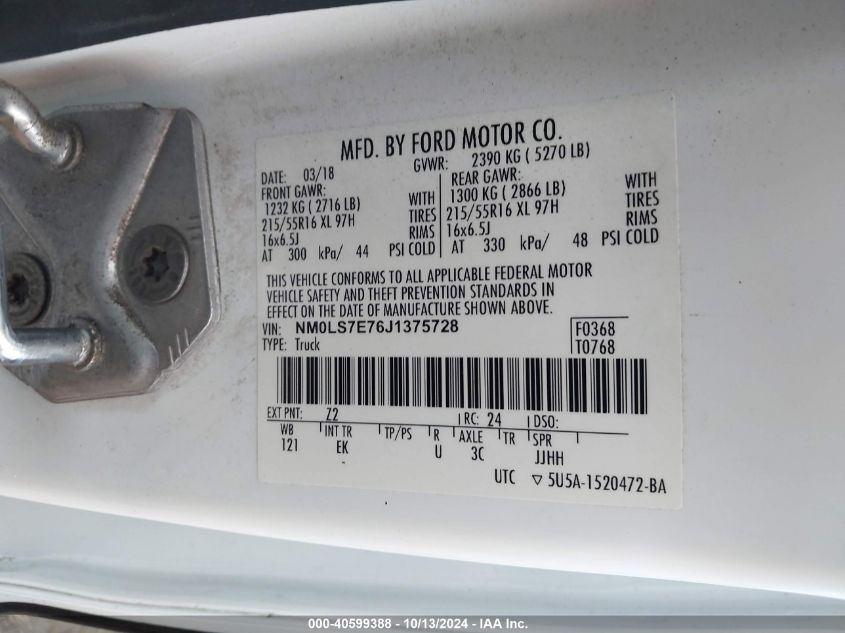 VIN NM0LS7E76J1375728 2018 Ford Transit, Connect XL no.9