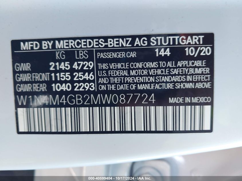 2021 Mercedes-Benz Glb 250 VIN: W1N4M4GB2MW087724 Lot: 40599404