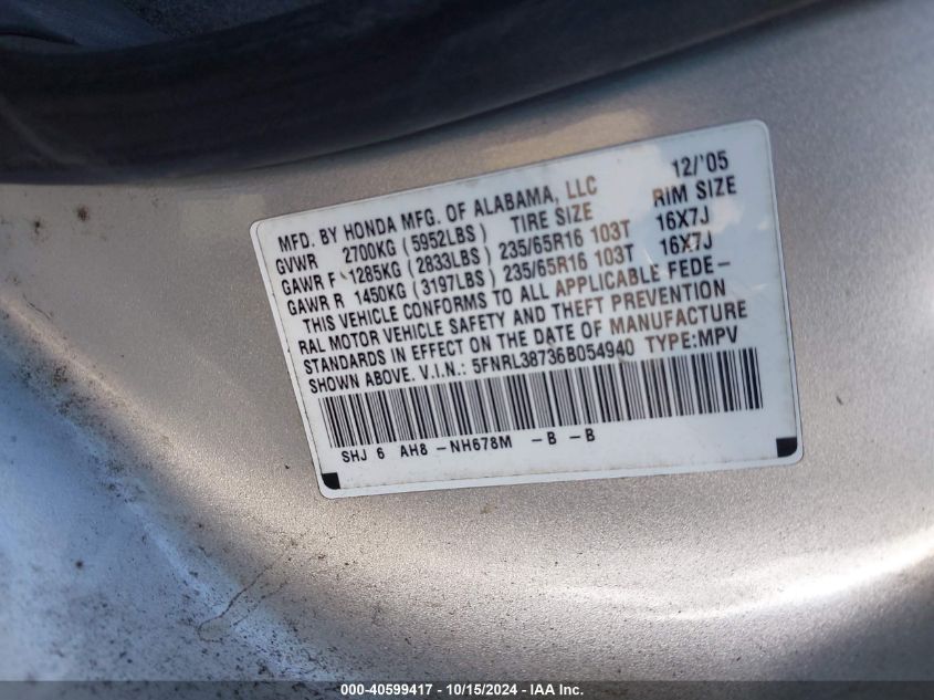 2006 Honda Odyssey Ex-L VIN: 5FNRL38736B054940 Lot: 40599417