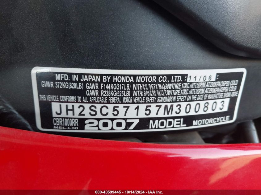 2007 Honda Cbr1000 Rr VIN: JH2SC57157M300803 Lot: 40599445