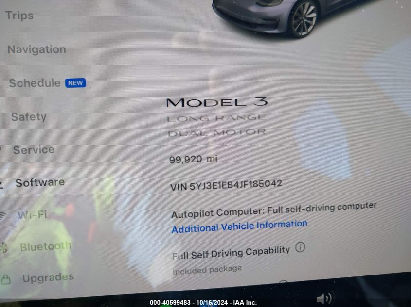 2018 Tesla Model 3 Long Range/Performance VIN: 5YJ3E1EB4JF185042 Lot: 40599483