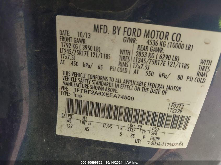 VIN 1FTBF2A6XEEA74509 2014 FORD F-250 no.9