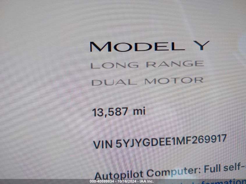 2021 Tesla Model Y Long Range Dual Motor All-Wheel Drive VIN: 5YJYGDEE1MF269917 Lot: 40599834