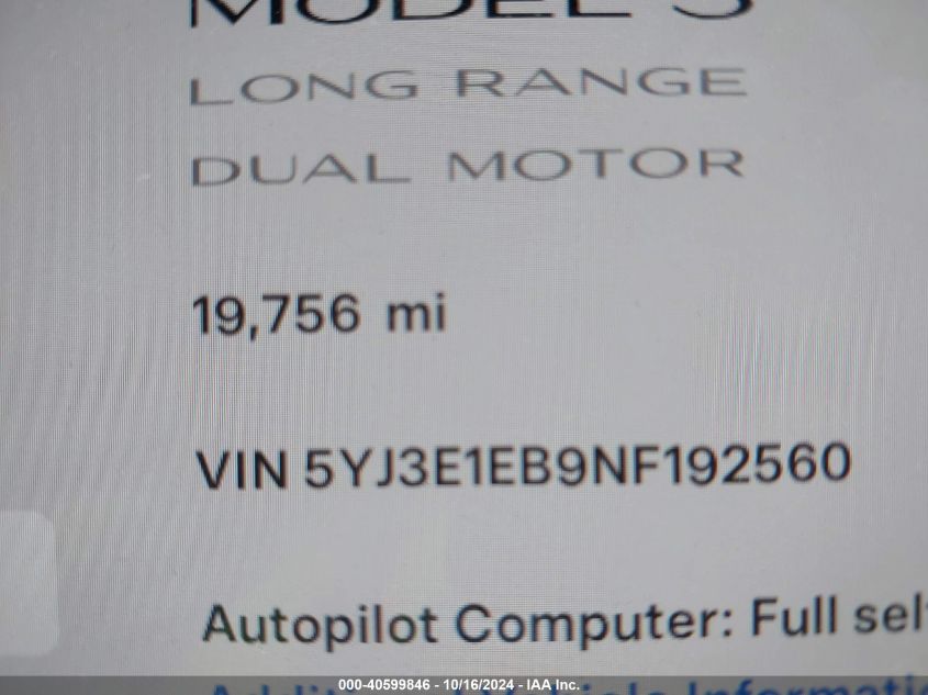 2022 Tesla Model 3 Long Range Dual Motor All-Wheel Drive VIN: 5YJ3E1EB9NF192560 Lot: 40599846