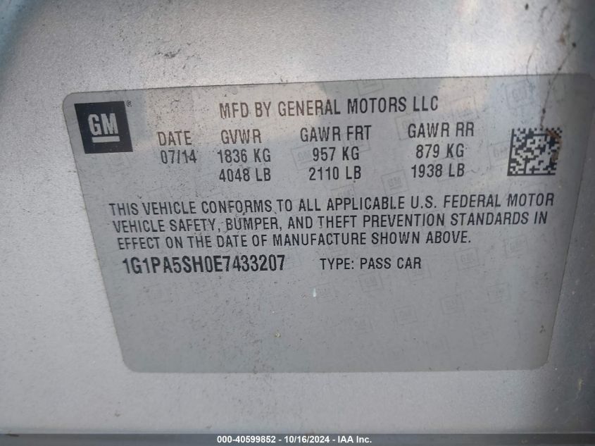 2014 Chevrolet Cruze Ls Auto VIN: 1G1PA5SH0E7433207 Lot: 40599852