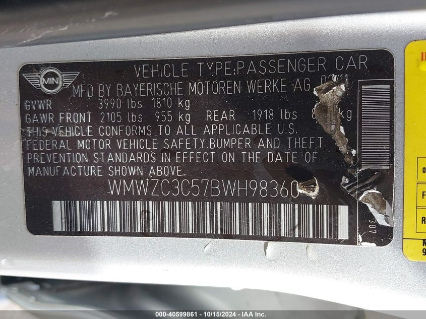 2011 Mini Cooper S Countryman VIN: WMWZC3C57BWH98360 Lot: 40599861