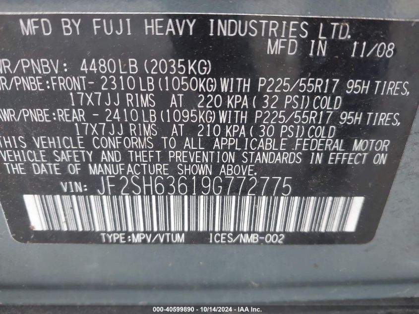 2009 Subaru Forester 2.5X VIN: JF2SH63619G772775 Lot: 40599890