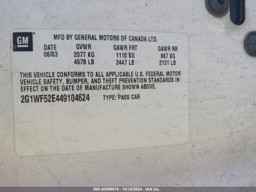 2004 Chevrolet Impala VIN: 2G1WF52E449104624 Lot: 40599919