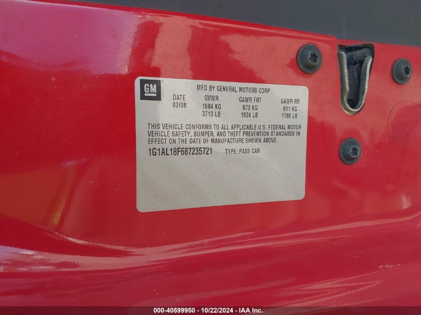 2008 Chevrolet Cobalt Lt VIN: 1G1AL18F687235721 Lot: 40599950